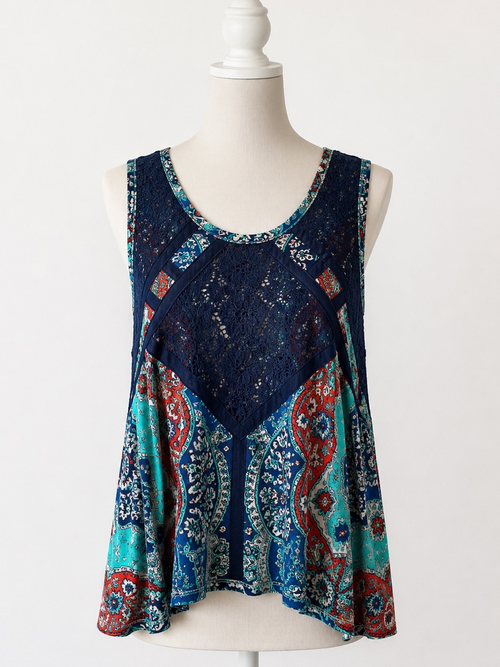New-Navy Teal Red Lace-Panel Sleeveless Tank Top Blouse Sz 14-16W (1X)